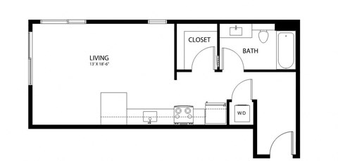 A black and white image of a floor plan for a living space.